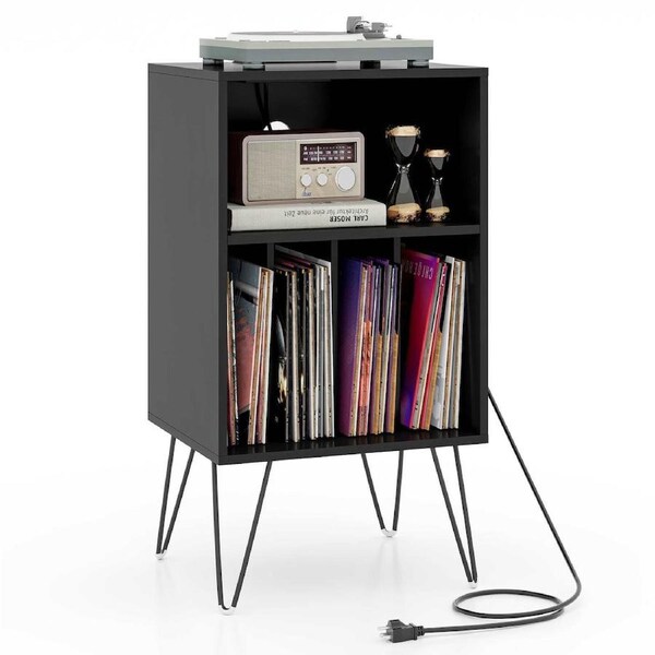 Giantex Storage Record Player Stand w/Charging Station Turnable Nightstand Storage Cabinet Black