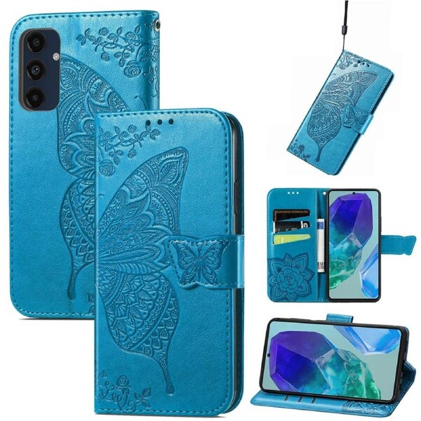 For Samsung Galaxy A16 5G & 4G Case, Flower Butterfly PU Leather Wallet Cover, Blue