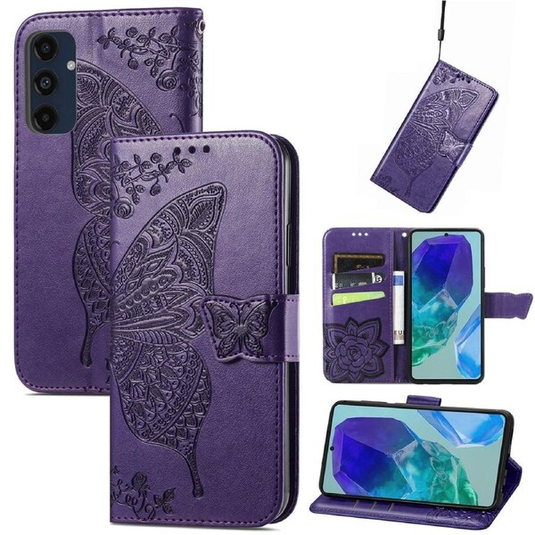 For Samsung Galaxy A16 5G & 4G Case, Flower Butterfly PU Leather Wallet Cover, Dark Purple