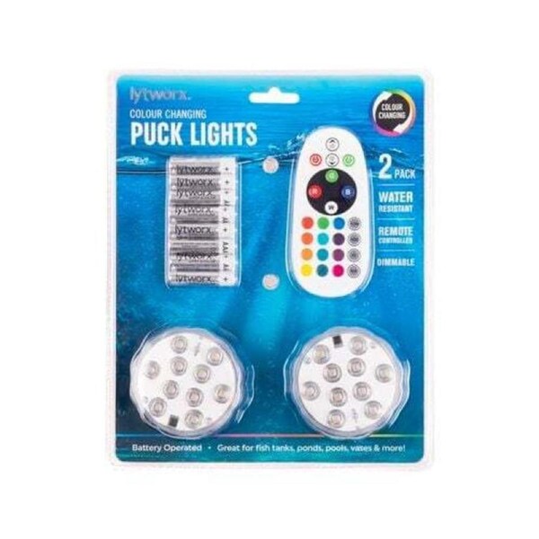 Lytworx Remote Controlled Colour Changing Water Resistant LED Puck Lights - 2 Pk