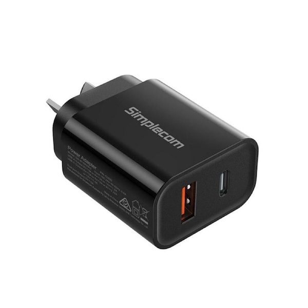 Simplecom Dual Port PD 20W Fast Wall Charger USB-C + USB-A for Phone Tablet (CU220)