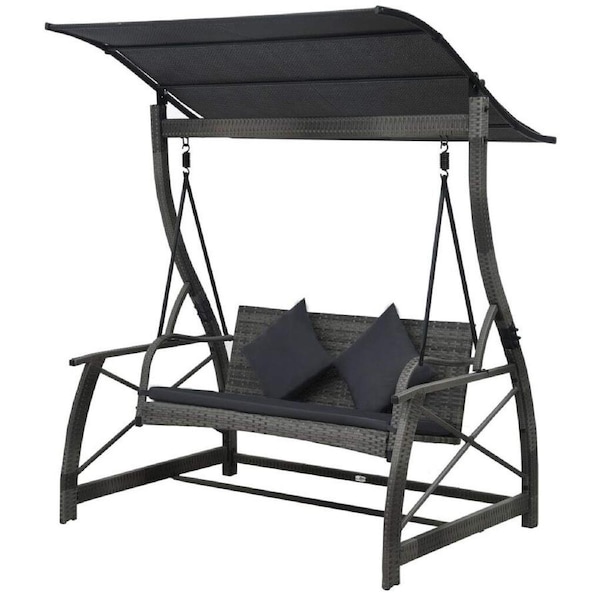 3-seater Garden Swing Bench with Canopy Poly Rattan Grey 167x130x178cm