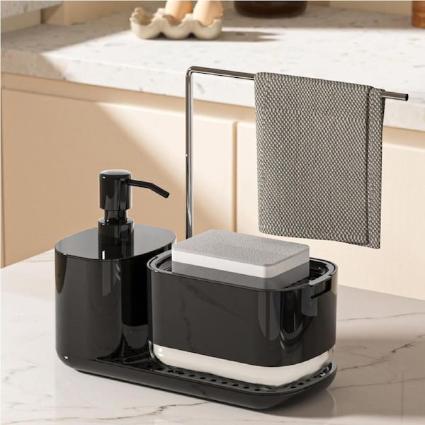 Dish Soap Dispenser Kitchen Set, 5-in-1 Kitchen Cleaning Tool Organizer, Detachable Hand and Dish Soap Dispenser Set with Sponge Holder&Towel Holder, Kitchen Sink Countertop Storage Organize