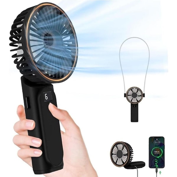 TUNISE Portable Handheld Fan, Portable Fan Rechargeable, 4000mAh, 180° Adjustable, 6 Speed Wind, Display Electricity in Real Time, USB Rechargeable Foldable Fan, Quiet Personal Fan as Power Bank