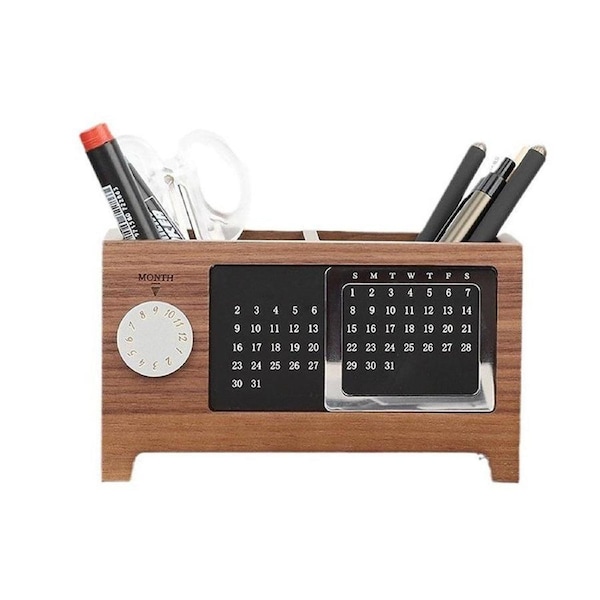 Black Walnut Wood Perpetual Calendar Pen Holder Desktop Organizer Office Storage