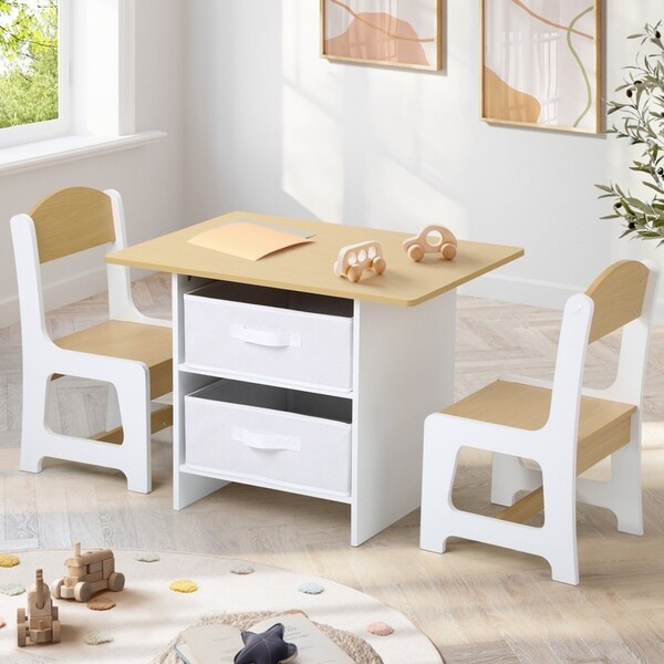 Oikiture Kids Table and Chairs Set Wooden Play Study Desk with Toy Storage Box