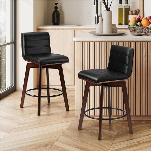 Oikiture 2x Wooden Bar Stools Swivel Kitchen Stool Dining Chair PU Leather