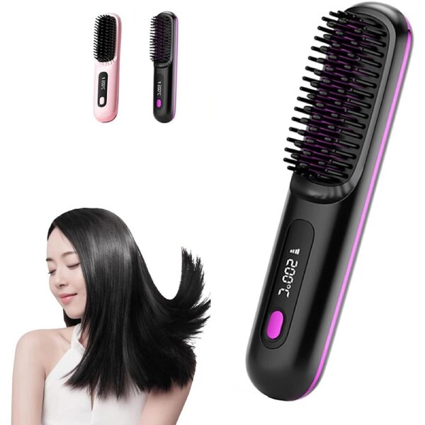 Cordless Rechargeable Portable Hair Straightener, Brush Hair Iron AntiScald Quick(black)