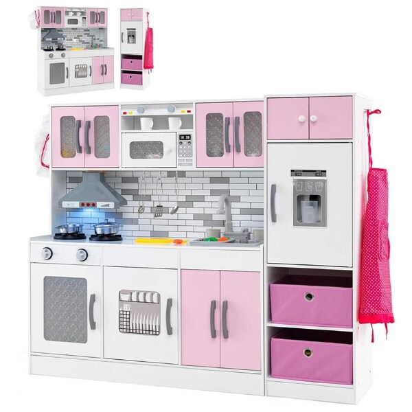 Costway Super Kitchen Playset Chef Pretend Play Toys Set w/Accessories Boys Girls Cooking Pink