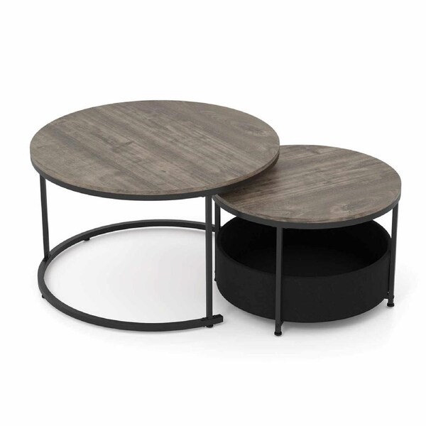 Costway 2 IN 1 80cm & 60cm Nesting Coffee Table Set of 2 w/Storage Round End Table Sofa Side Table Grey