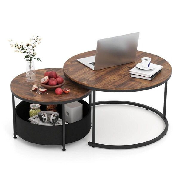 Costway 2 IN 1 80cm & 60cm Nesting Coffee Table Set of 2 w/Storage Round End Table Sofa Side Table Brown