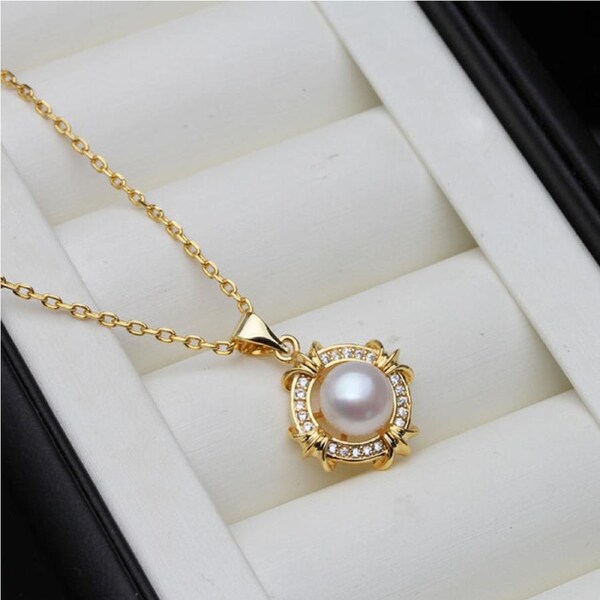Genuine White Freshwater Pearl Eternity Necklace in Gold