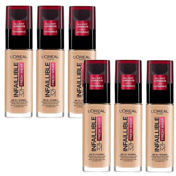6x L'Oreal Paris Infallible 32H Fresh Wear Foundation SPF 25 30ml 120 Golden Vanilla