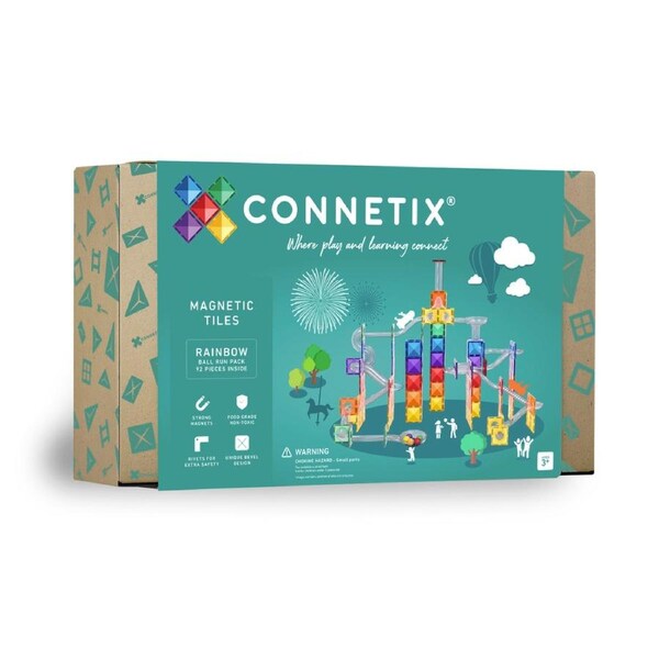CONNETIX Magnetic Tiles Rainbow Ball Run Pack, 92 Pieces
