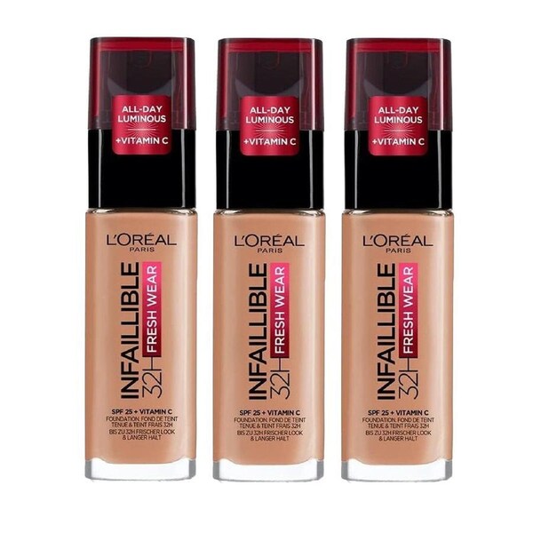 3x L'Oreal Paris Infallible 32H Fresh Wear Foundation SPF 25 30ml 300 Amber