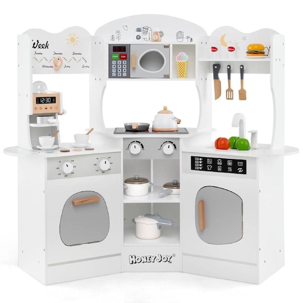 Babyjoy Kids Corner Play Kitchen 18 PCS Wooden Pretend Kitchen Playset w/Accessories Cooking Toy White