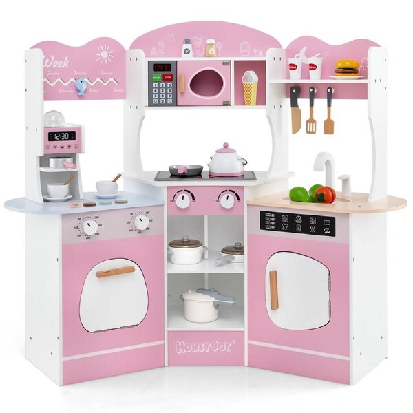 Babyjoy Kids Corner Play Kitchen 18 PCS Wooden Pretend Kitchen Playset w/Accessories Cooking Toy Pink