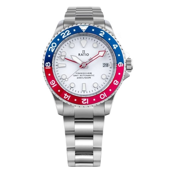 RATIO FreeDiver GMT White Dial Blue Red Pepsi Bezel Automatic RTF061 Mens Watch