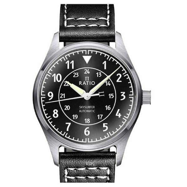 RATIO Skysurfer Pilot Black Sunray Dial Leather Automatic RTS314 200M Mens Watch