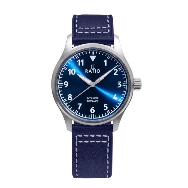RATIO Skysurfer Pilot Blue Sunray Dial Leather Automatic RTS302 200M Mens Watch