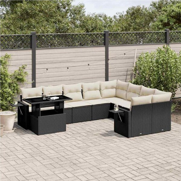10 Piece Garden Sofa Set with Cushions Black Poly Rattan vidaXL