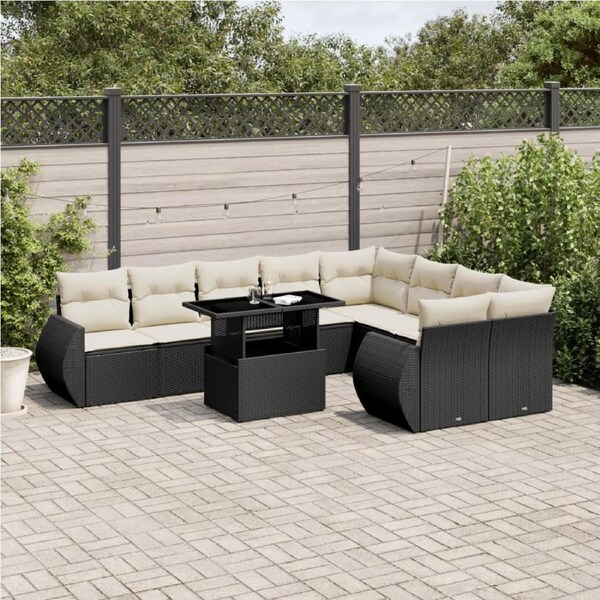 10 Piece Garden Sofa Set with Cushions Black Poly Rattan vidaXL