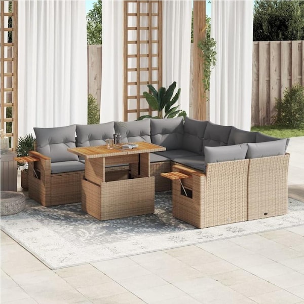 9 Piece Garden Sofa Set with Cushions Beige Poly Rattan vidaXL