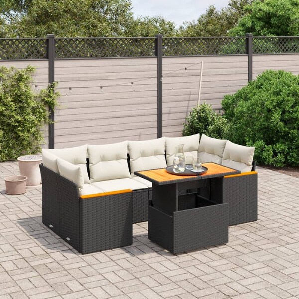 7 Piece Garden Sofa Set with Cushions Black Poly Rattan vidaXL