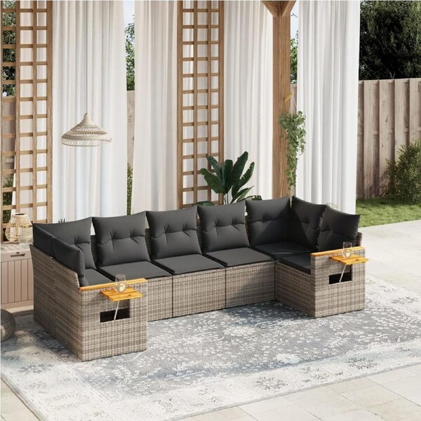 7 Piece Garden Sofa Set with Cushions Grey Poly Rattan vidaXL