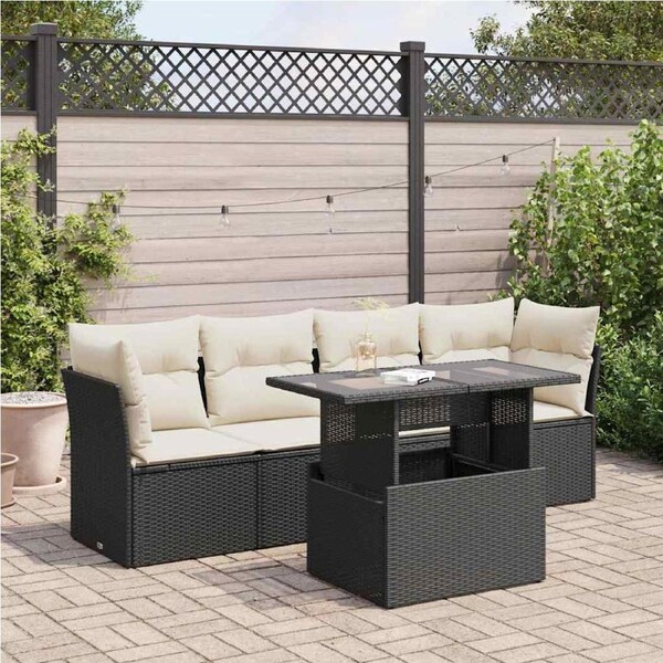 5 Piece Garden Sofa Set with Cushions Black Poly Rattan vidaXL