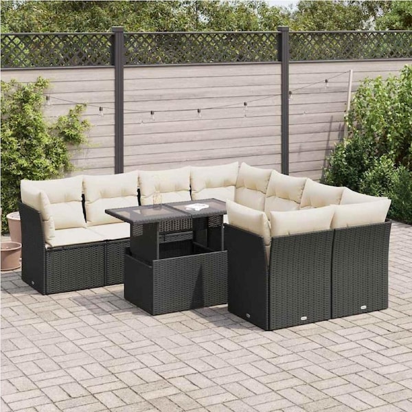 9 Piece Garden Sofa Set with Cushions Black Poly Rattan vidaXL