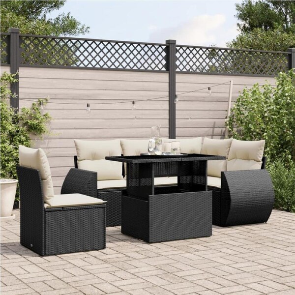 6 Piece Garden Sofa Set with Cushions Black Poly Rattan vidaXL