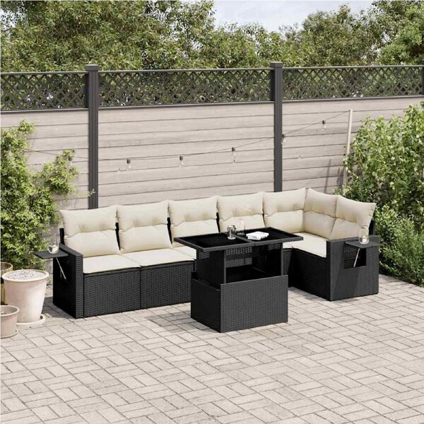 7 Piece Garden Sofa Set with Cushions Black Poly Rattan vidaXL