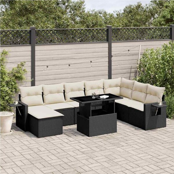 8 Piece Garden Sofa Set with Cushions Black Poly Rattan vidaXL