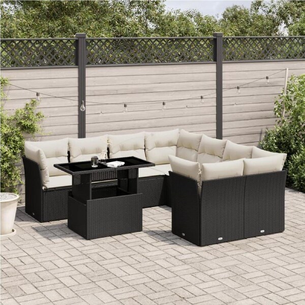 9 Piece Garden Sofa Set with Cushions Black Poly Rattan vidaXL