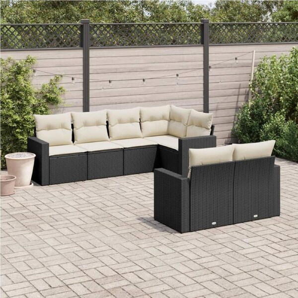 7 Piece Garden Sofa Set with Cushions Black Poly Rattan vidaXL