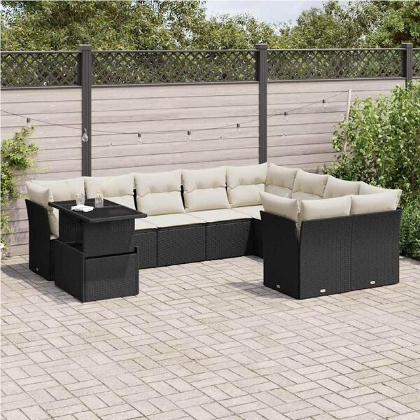 10 Piece Garden Sofa Set with Cushions Black Poly Rattan vidaXL