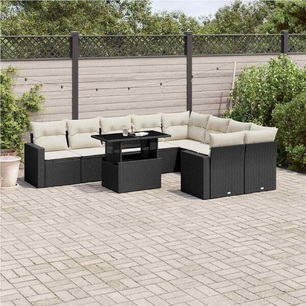 10 Piece Garden Sofa Set with Cushions Black Poly Rattan vidaXL