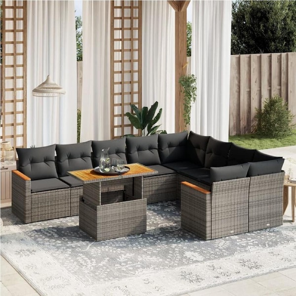 10 Piece Garden Sofa Set with Cushions Grey Poly Rattan vidaXL