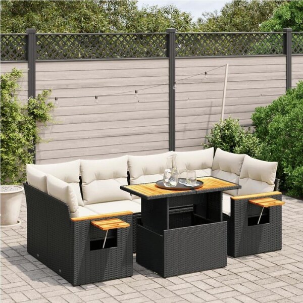 7 Piece Garden Sofa Set with Cushions Black Poly Rattan vidaXL