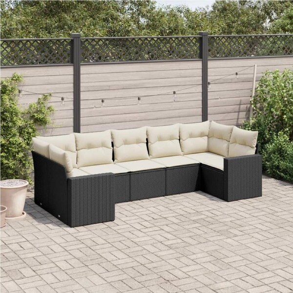 7 Piece Garden Sofa Set with Cushions Black Poly Rattan vidaXL