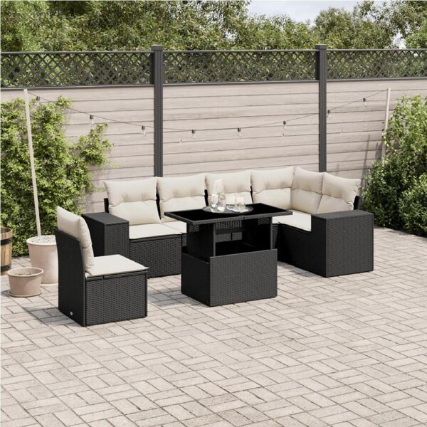 7 Piece Garden Sofa Set with Cushions Black Poly Rattan vidaXL