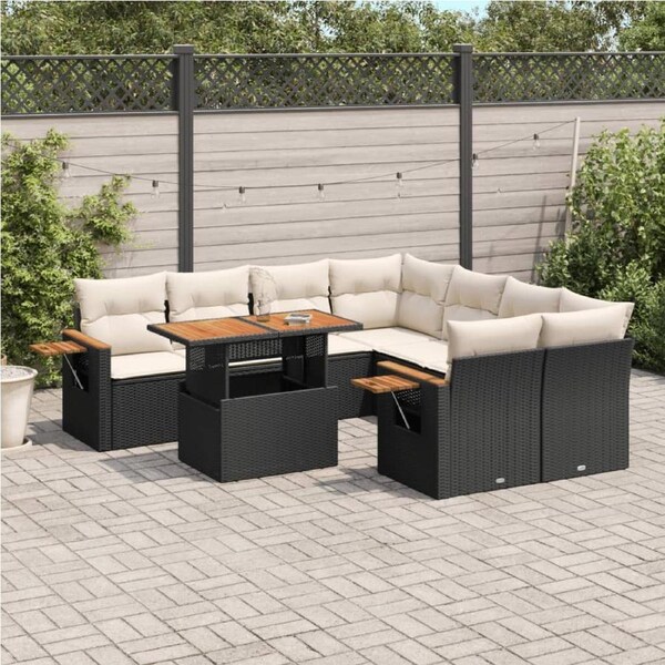 9 Piece Garden Sofa Set with Cushions Black Poly Rattan vidaXL