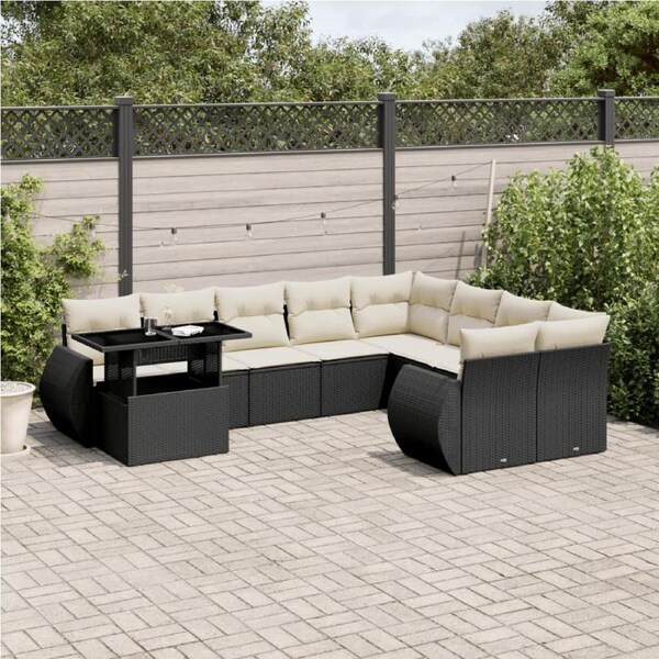 10 Piece Garden Sofa Set with Cushions Black Poly Rattan vidaXL