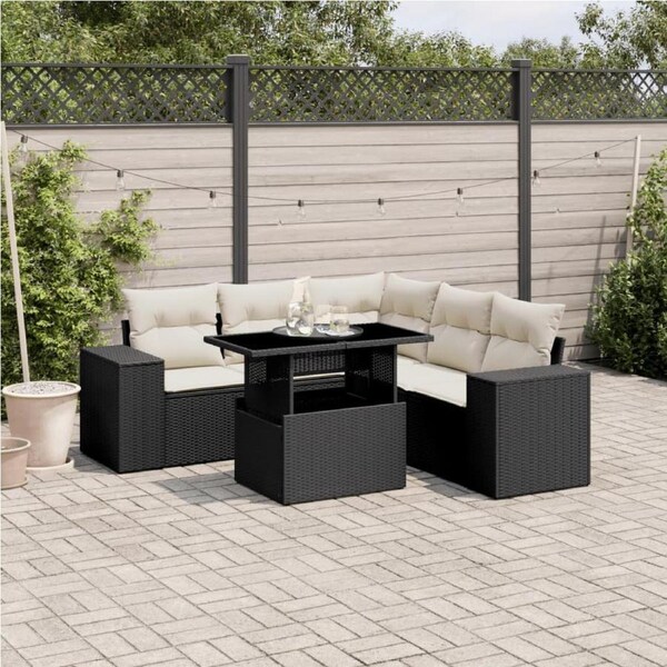 6 Piece Garden Sofa Set with Cushions Black Poly Rattan vidaXL