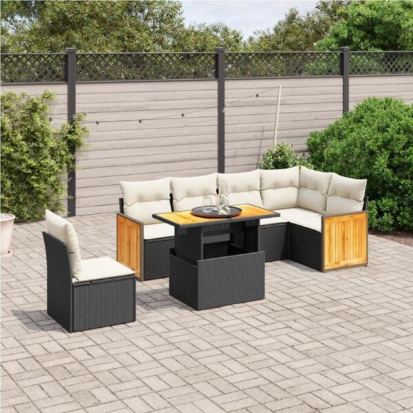 7 Piece Garden Sofa Set with Cushions Black Poly Rattan vidaXL