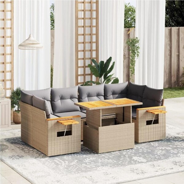7 Piece Garden Sofa Set with Cushions Beige Poly Rattan vidaXL