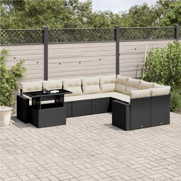 10 Piece Garden Sofa Set with Cushions Black Poly Rattan vidaXL