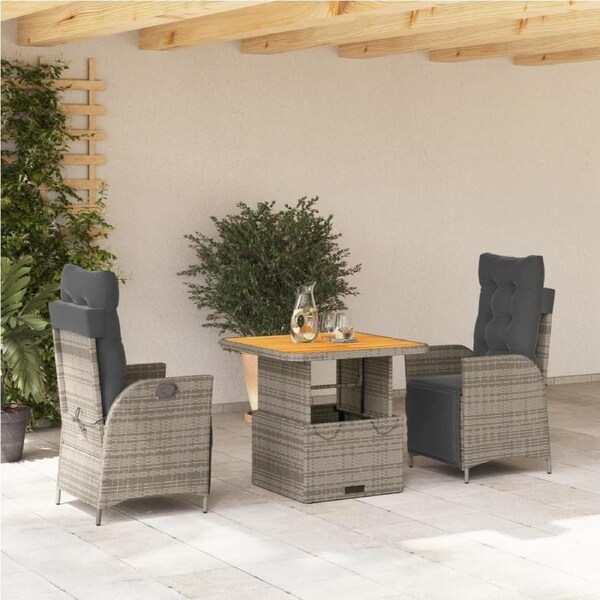 3 Piece Garden Dining Set with Cushions Grey Poly Rattan vidaXL