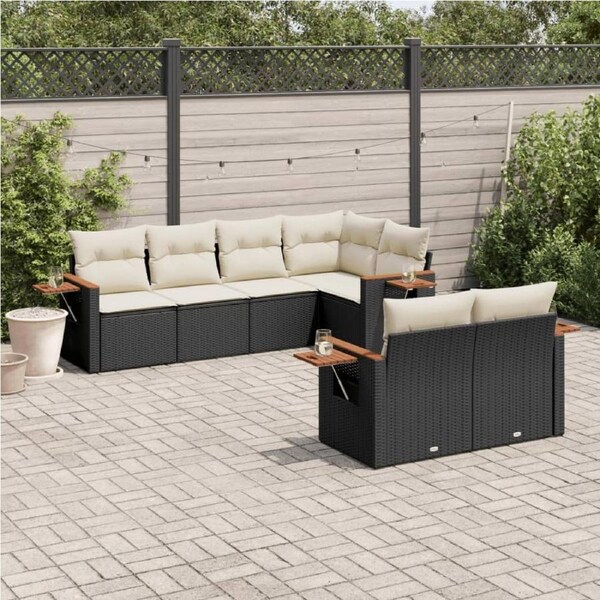 7 Piece Garden Sofa Set with Cushions Black Poly Rattan vidaXL